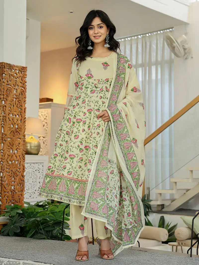 Yellow cotton kalidaar kurta dupatta set