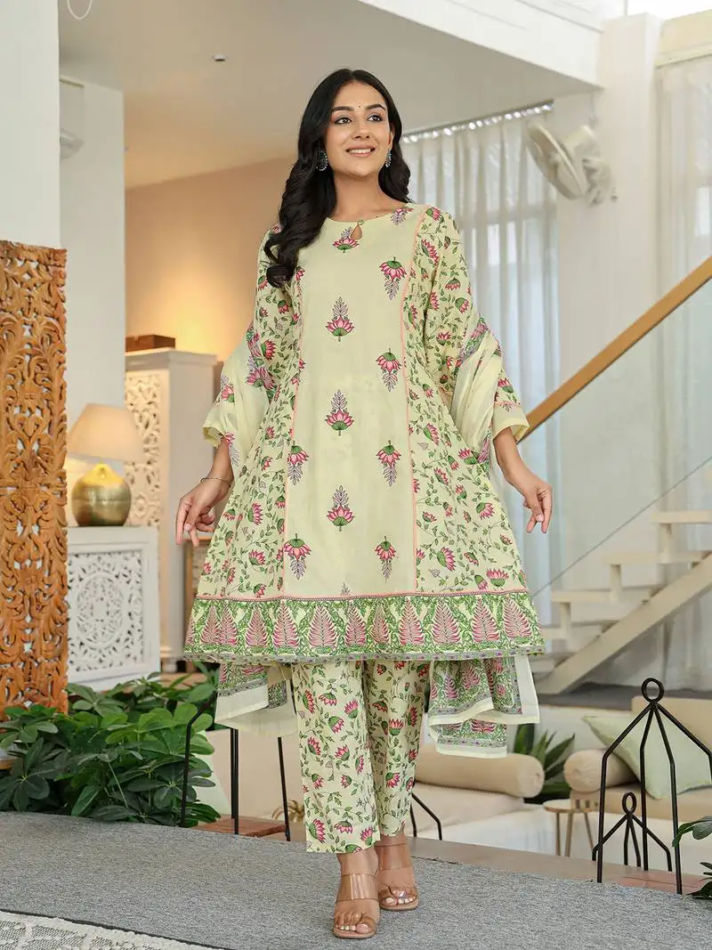 Yellow cotton a line kurta dupatta set