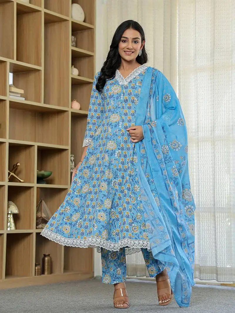 Pure cotton blue anarkali kurta dupatta set with lacework