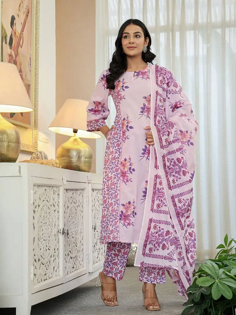 Lavender cotton a line dupatta set with lacework