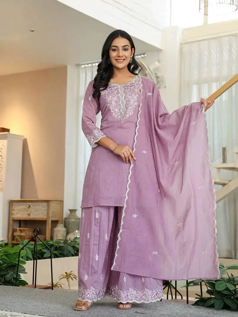 Purple embroidered kurti dupatta set with lining