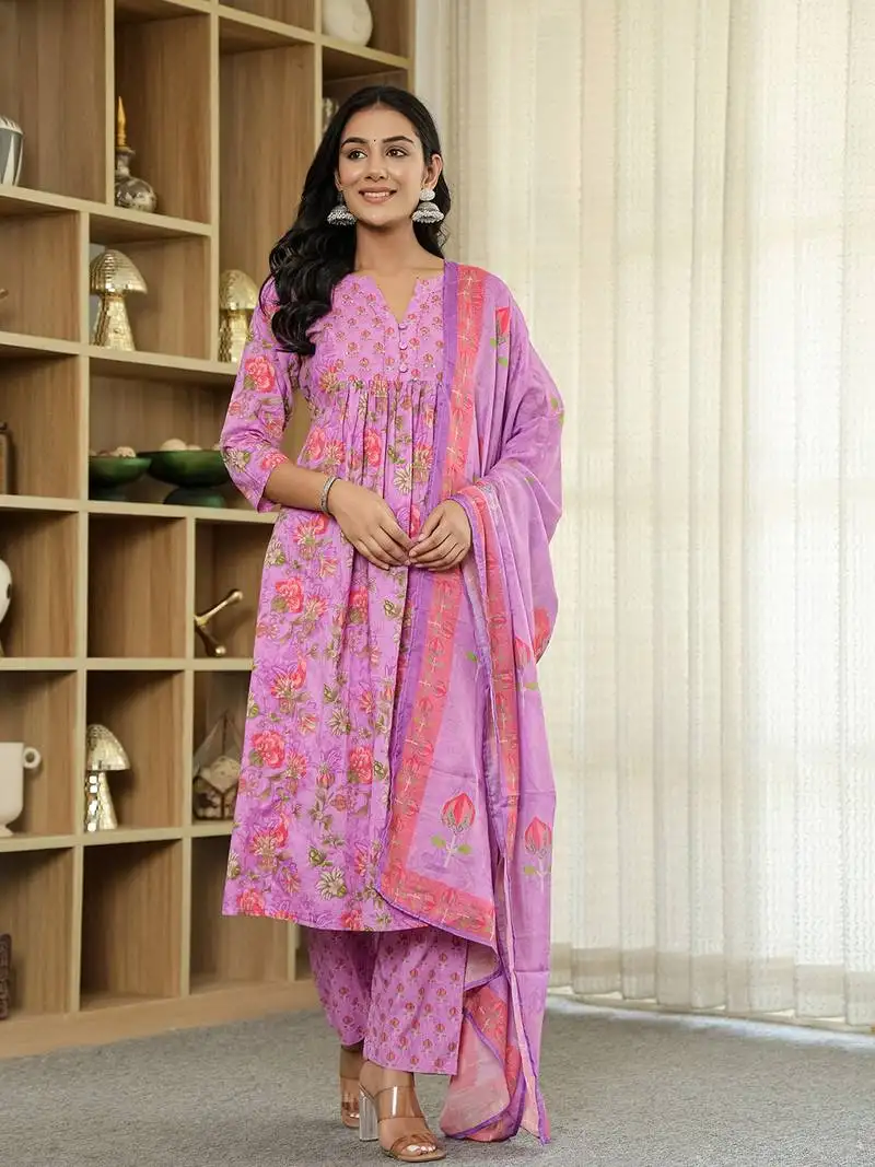 Purple floral print a-line kurta trouser dupatta set