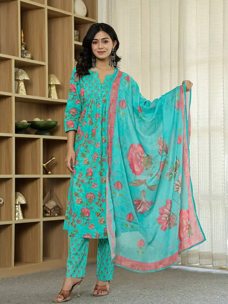 Sea green floral print a-line kurta trouser dupatta set