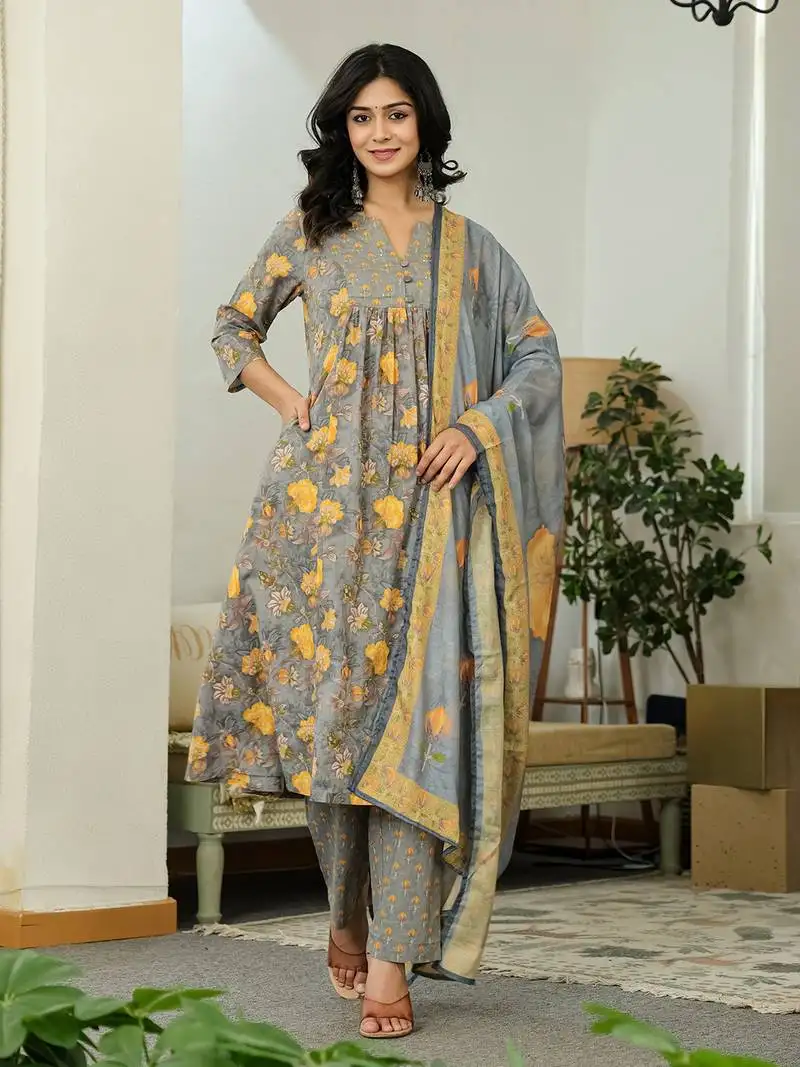 Grey floral print a-line kurta trouser dupatta set