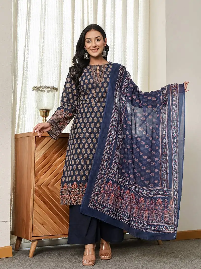Navy blue cotton straight kurta palazzo dupatta set