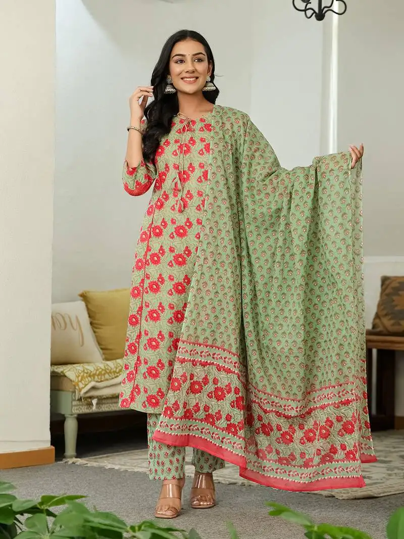 Sea green cotton a-line kurta dupatta set