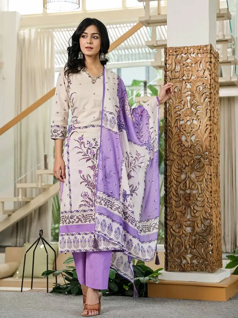 Purple and off white cotton straight beads and stones kurta dupatta set