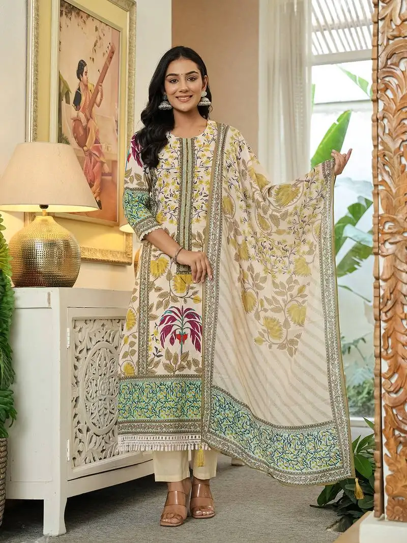 Yellow cotton straight floral print beads and stones lace work kurta dupatta set