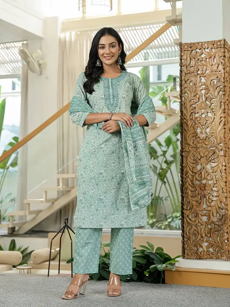Sea green pure cotton thread work,sequins work kurta dupatta pant set