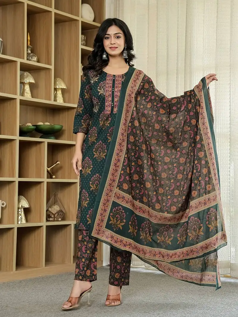 Green pure cotton ethnic motifs kantha work kurta dupatta pant set