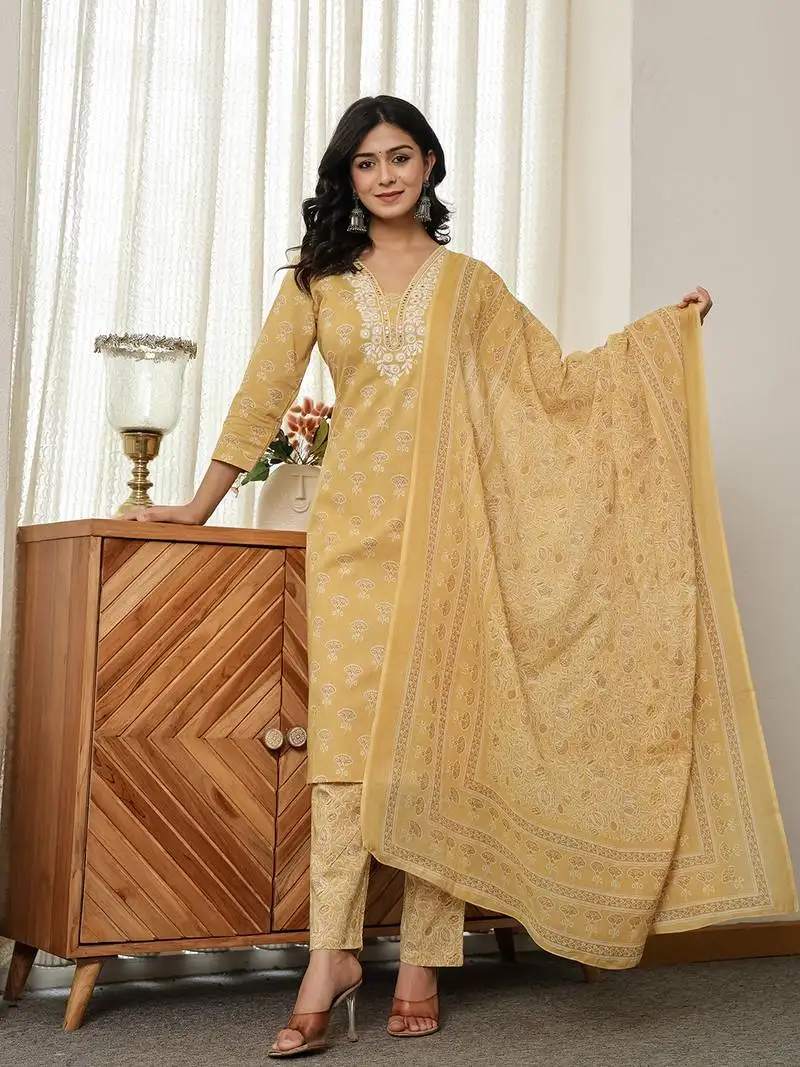 Yellow floral thread work straight kurta trouser dupatta set
