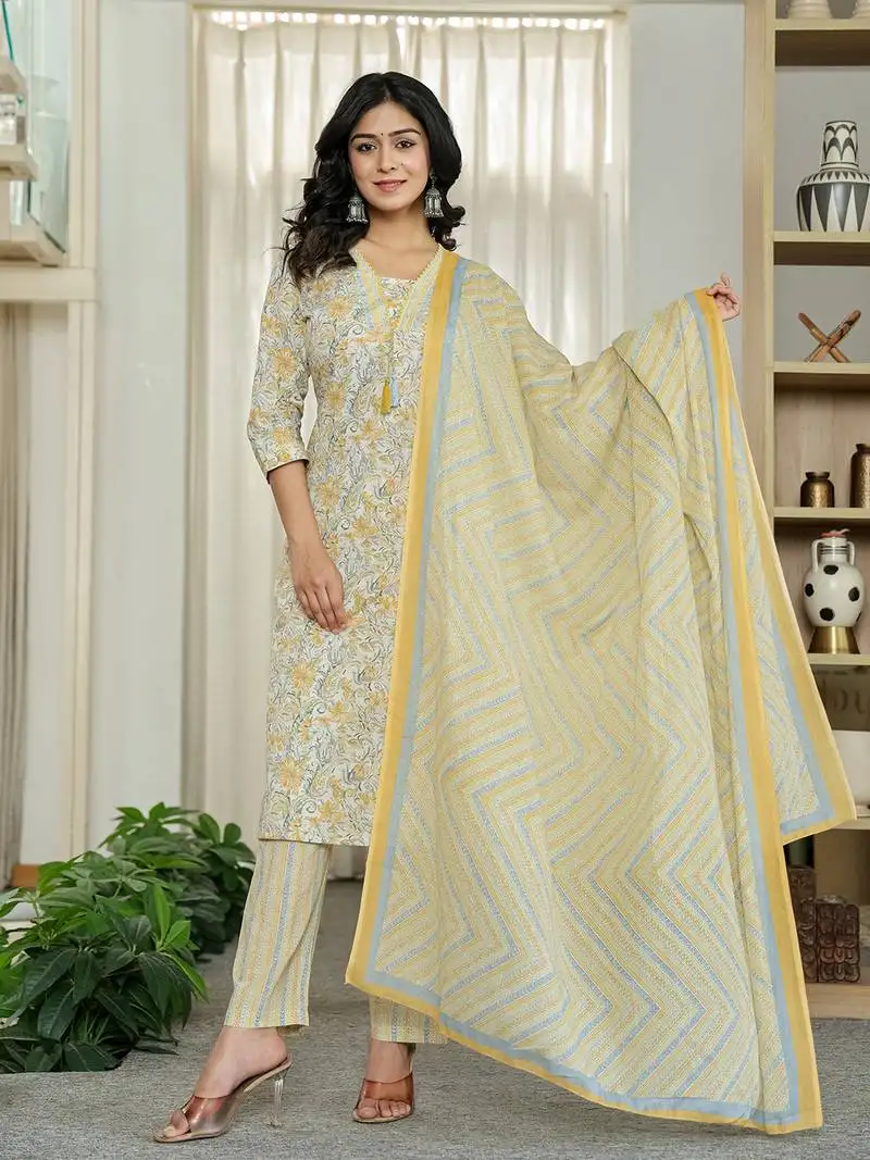 Yellow pure cotton floral print kurta dupatta pant set