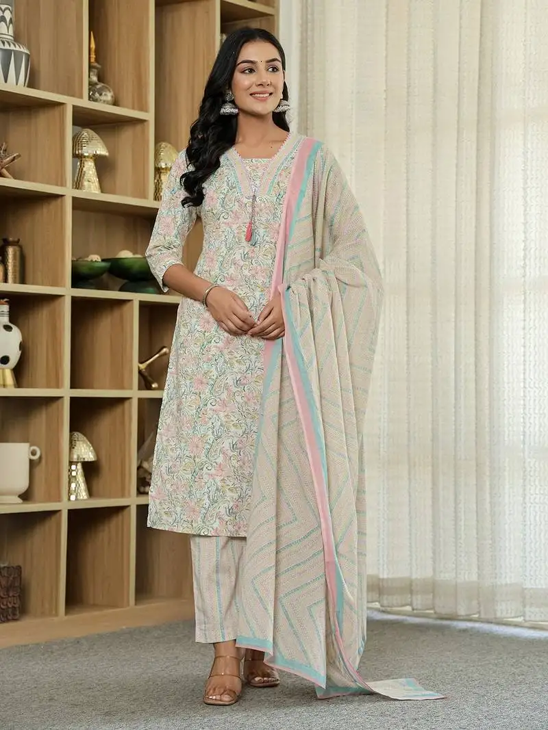 Pink pure cotton floral print kurta dupatta pant set