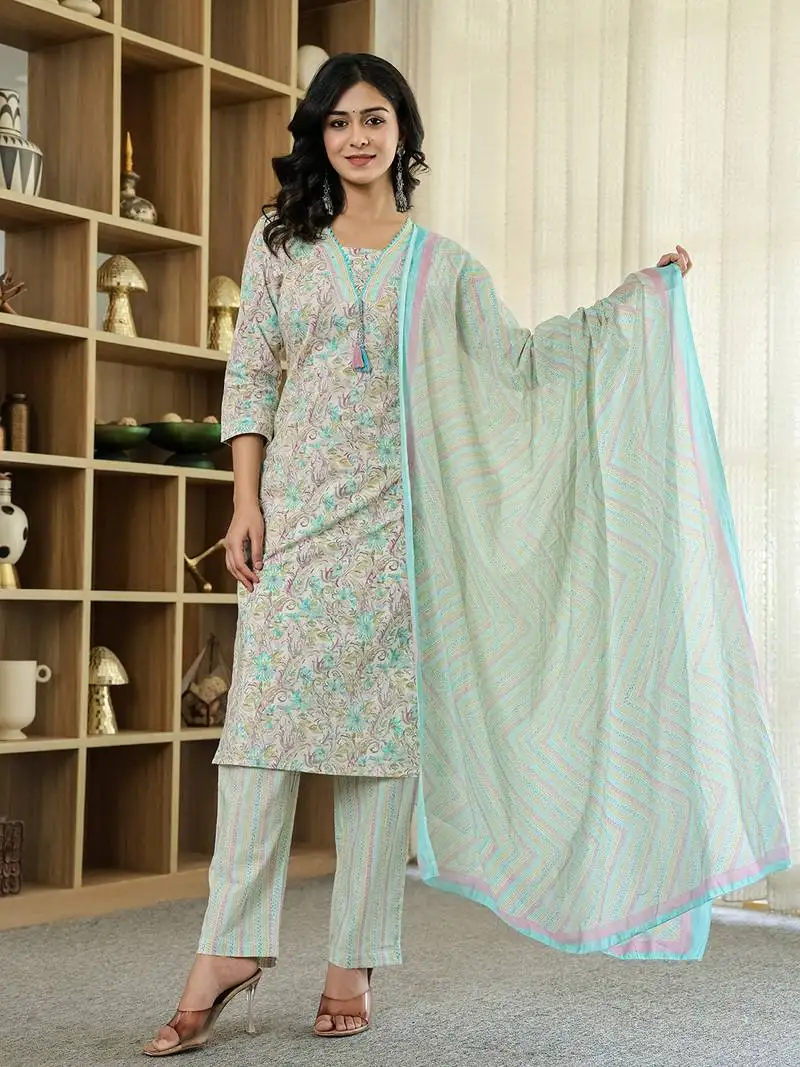 Purple pure cotton floral print kurta dupatta pant set