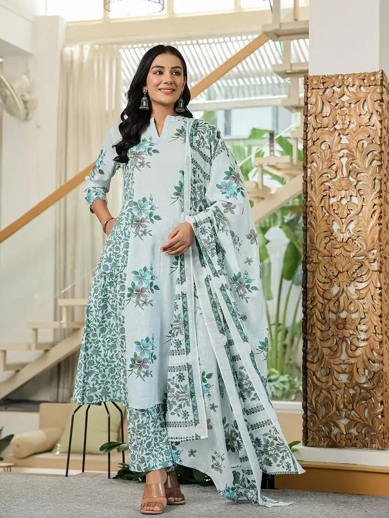 Sky blue cotton a line kurta dupatta set