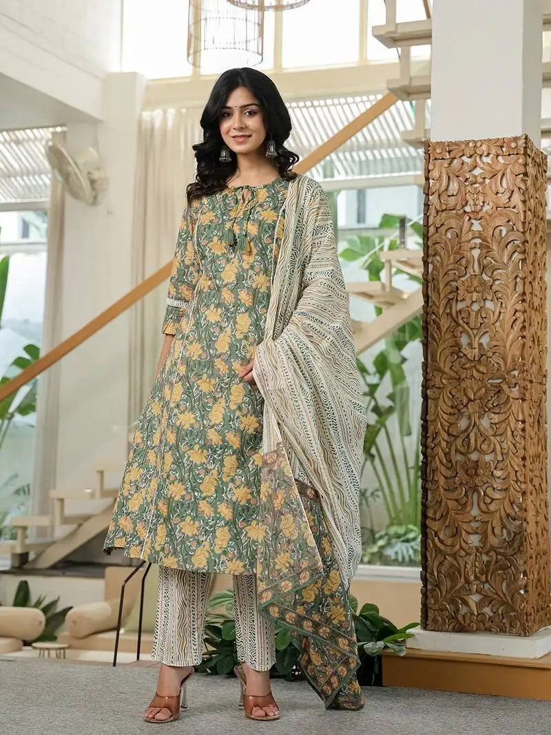 Green floral a-line kurta trouser dupatta set with lace work