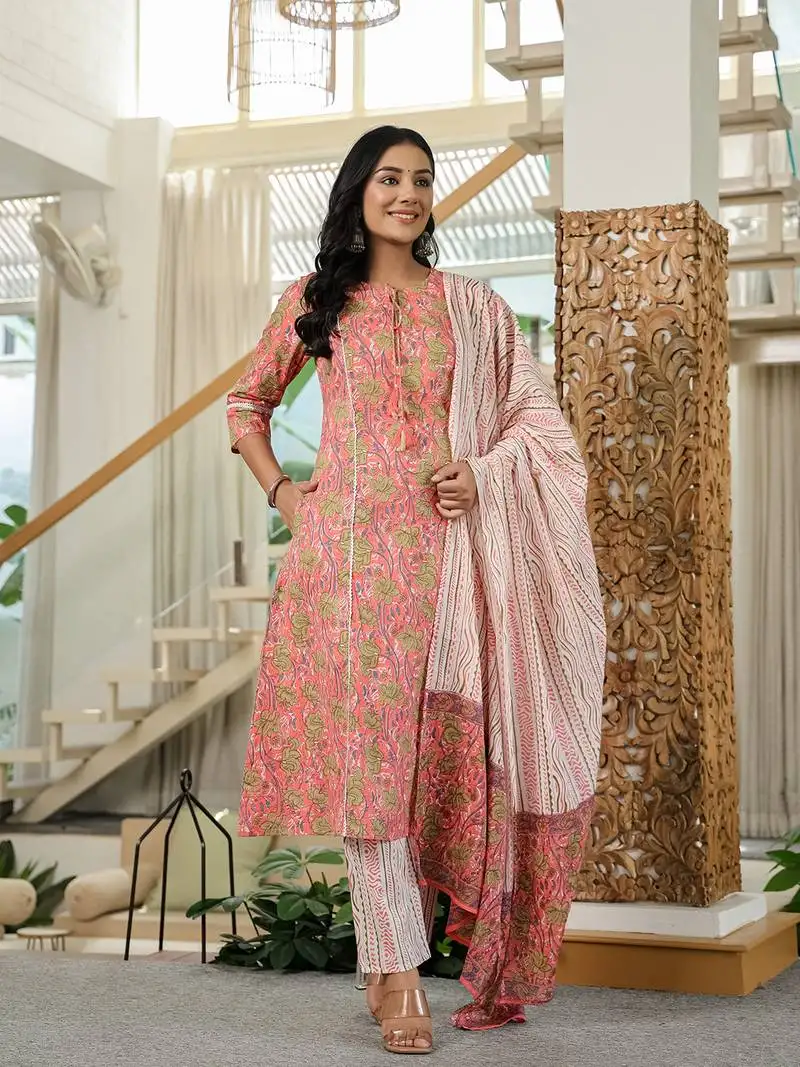 Pink floral a-line kurta trouser dupatta set with lace work