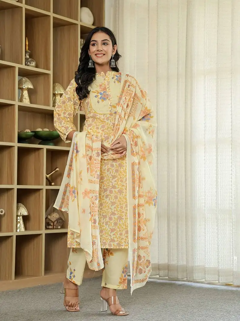 Yellow cotton straight floral,sequins work kurta dupatta set
