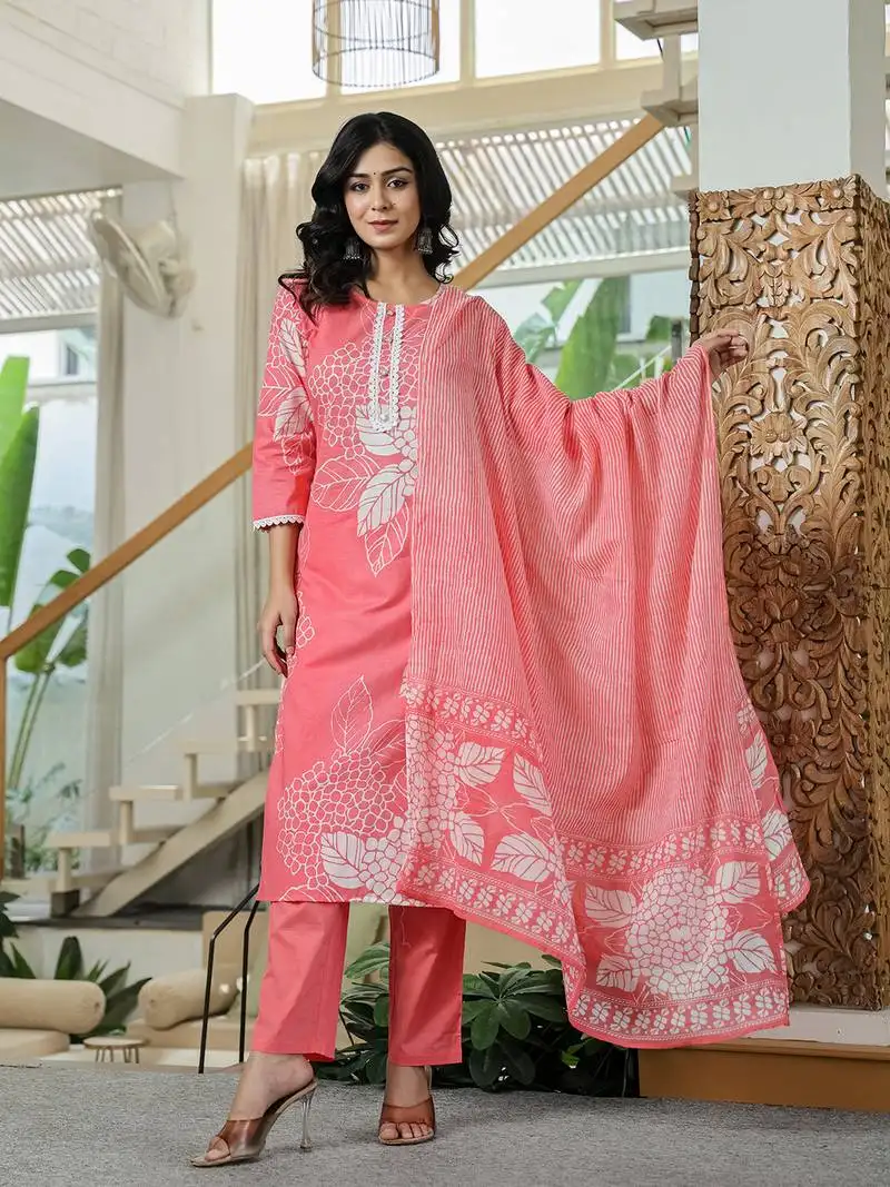 Pink cotton straight lace wor kurta dupatta set