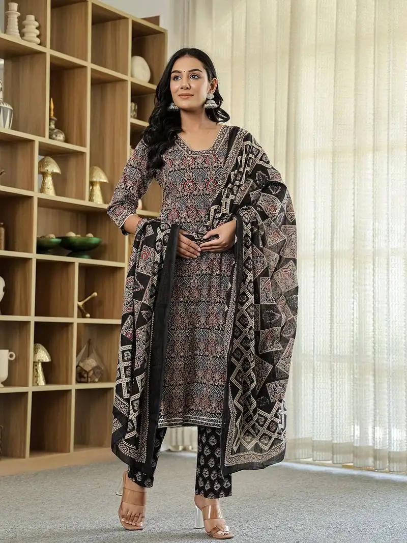 Black ethnic motifs a-line kurta trouser dupatta set with bucket neck