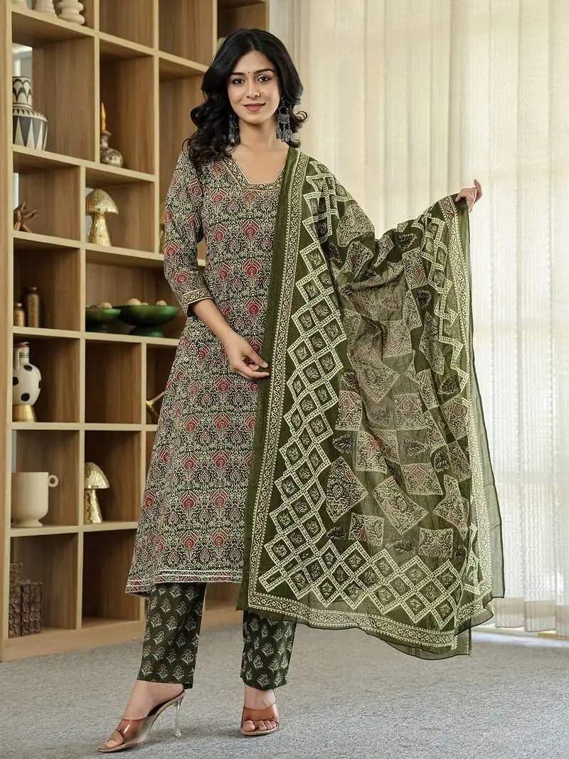 Olive green ethnic motifs a-line kurta trouser dupatta set with bucket neck