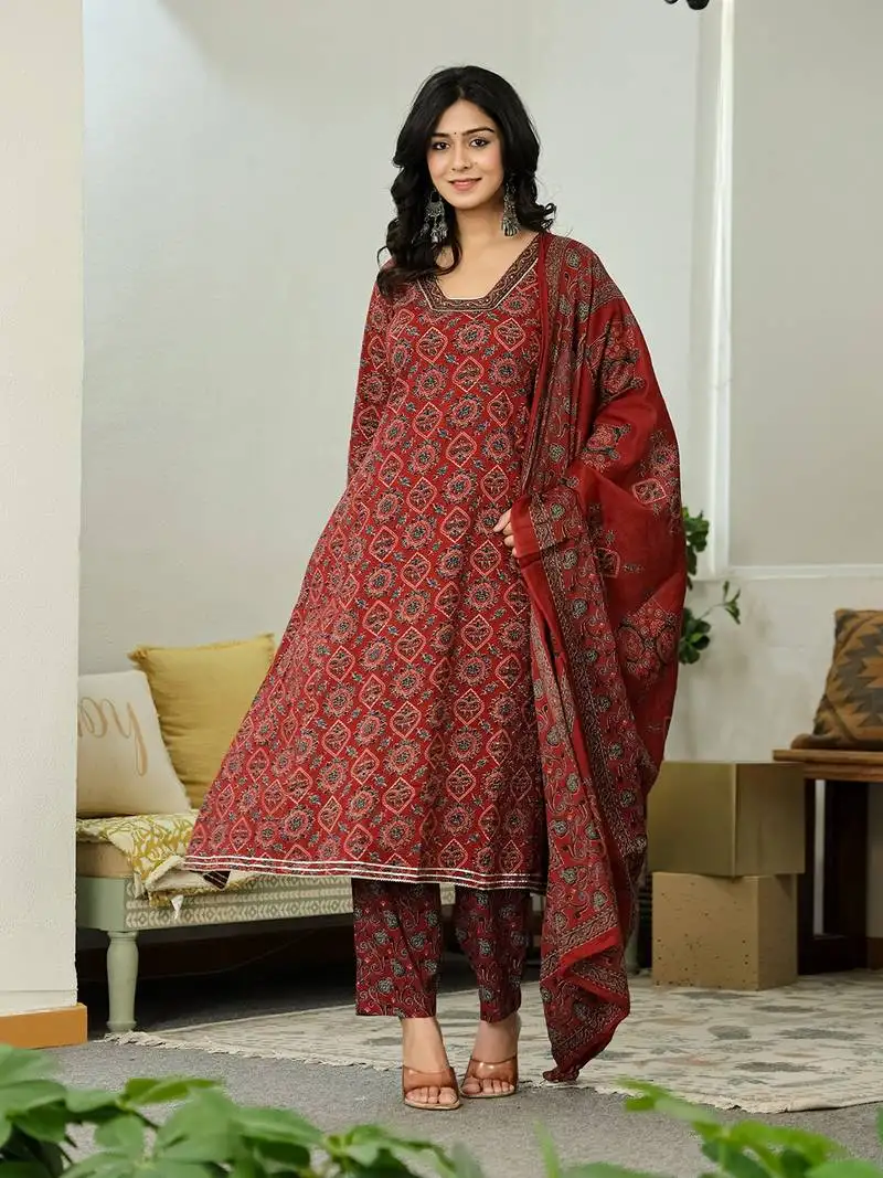 Maroon ethnic motifs a-line kurta trouser dupatta set with bucket neck