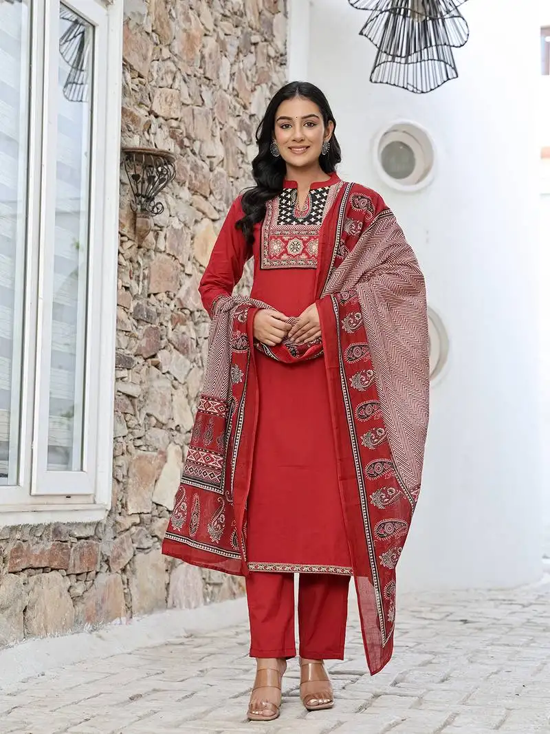 Maroon cotton mandarin collar kurta dupatta set