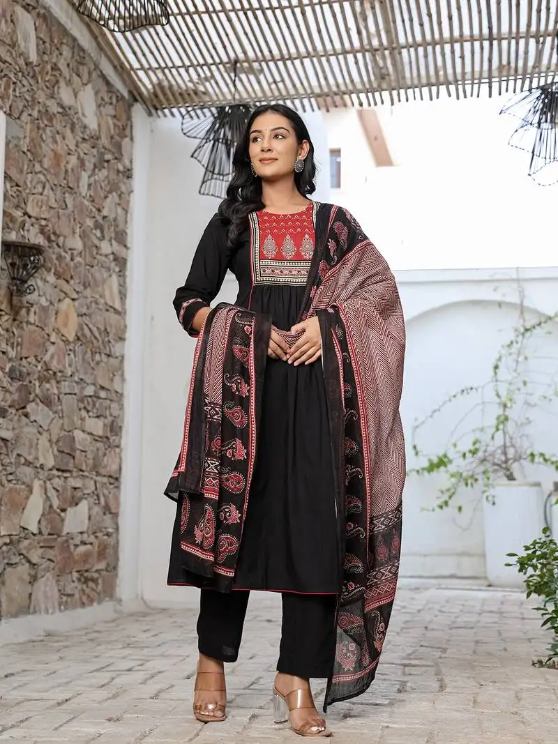 Black cotton a line gathered or pleated kurta dupatta set