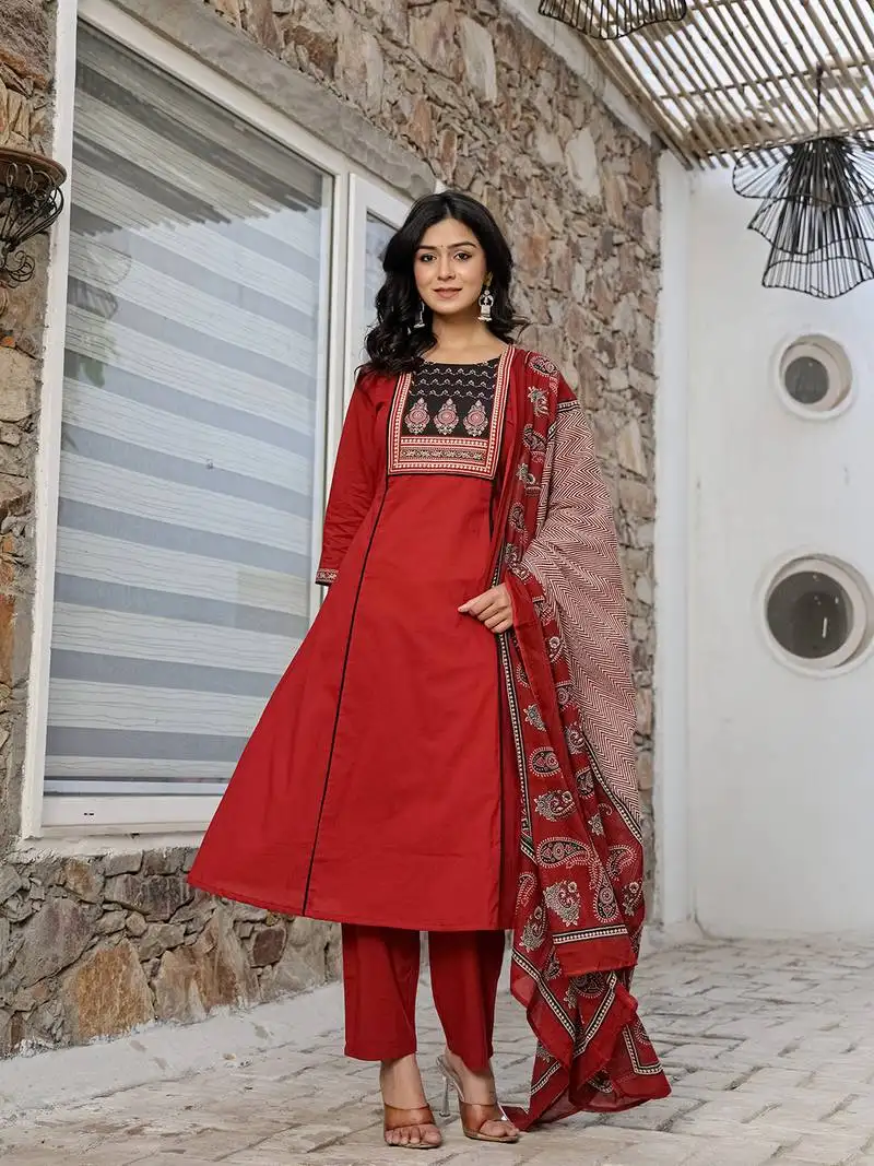 Maroon cotton a line kurta dupatta set