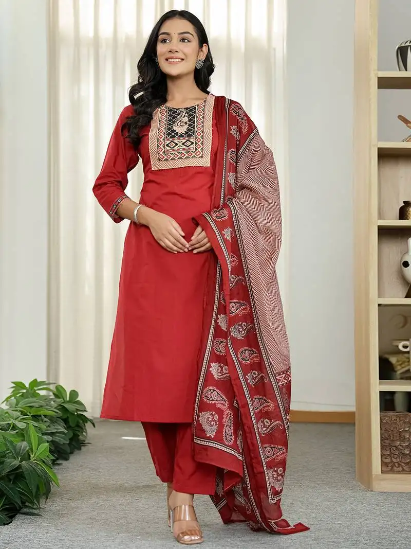Maroon cotton sequins work straight kurta set
