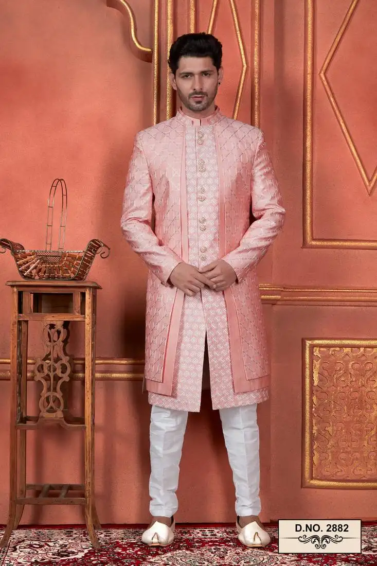 Men pink computer thread work on art silk 4 piece attached jacket set