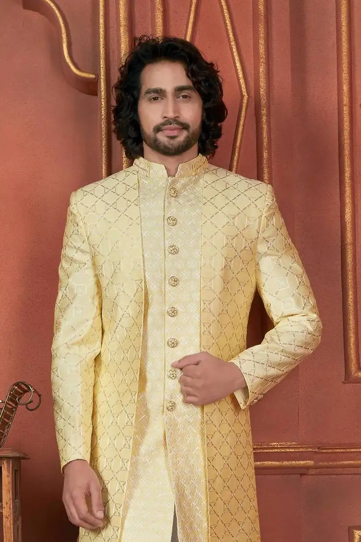 Men yellow computer thread work on art silk 3 piece attached jacket set for men