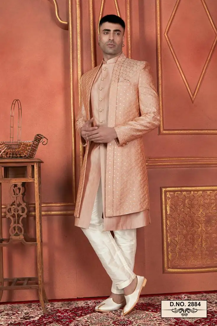 Men orange computer thread work on art silk 3 piece jacket set