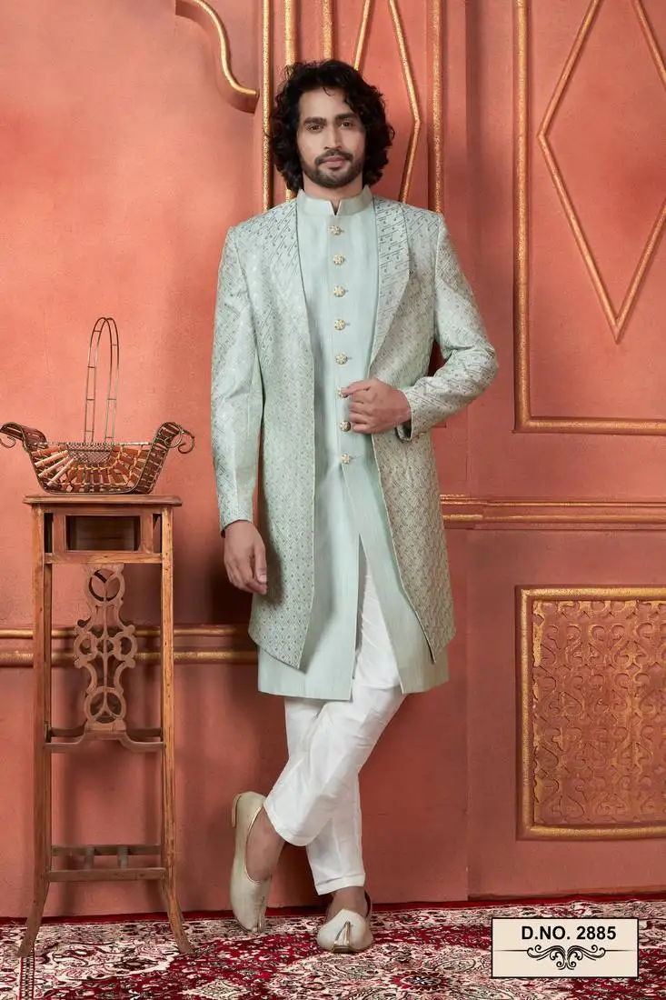 Men pista green computer thread work on art silk 3 piece jacket set