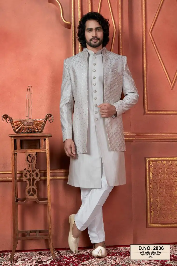 Men grey computer thread work on art silk 3 piece jacket set