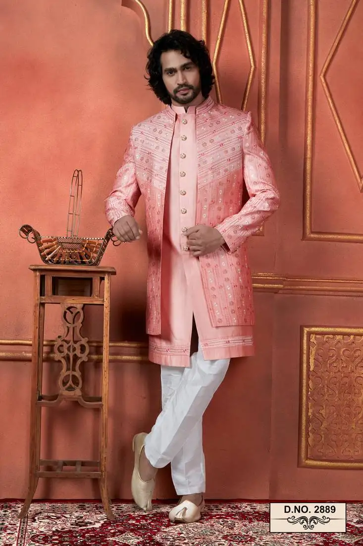 Men pink computer thread work on art silk 3 piece jacket set