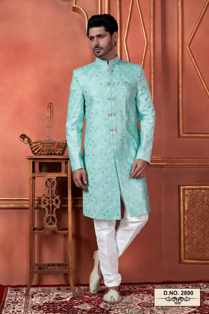 Men green computer thread work on art silk sherwani set