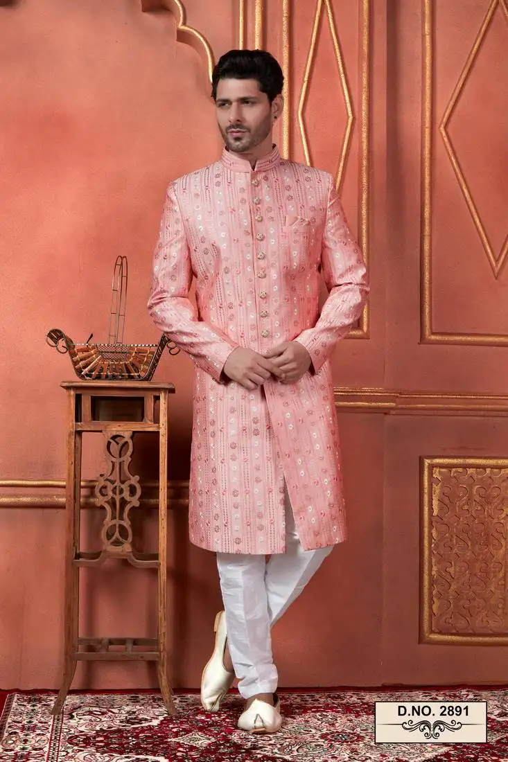 Men pink computer thread work on art silk sherwani set