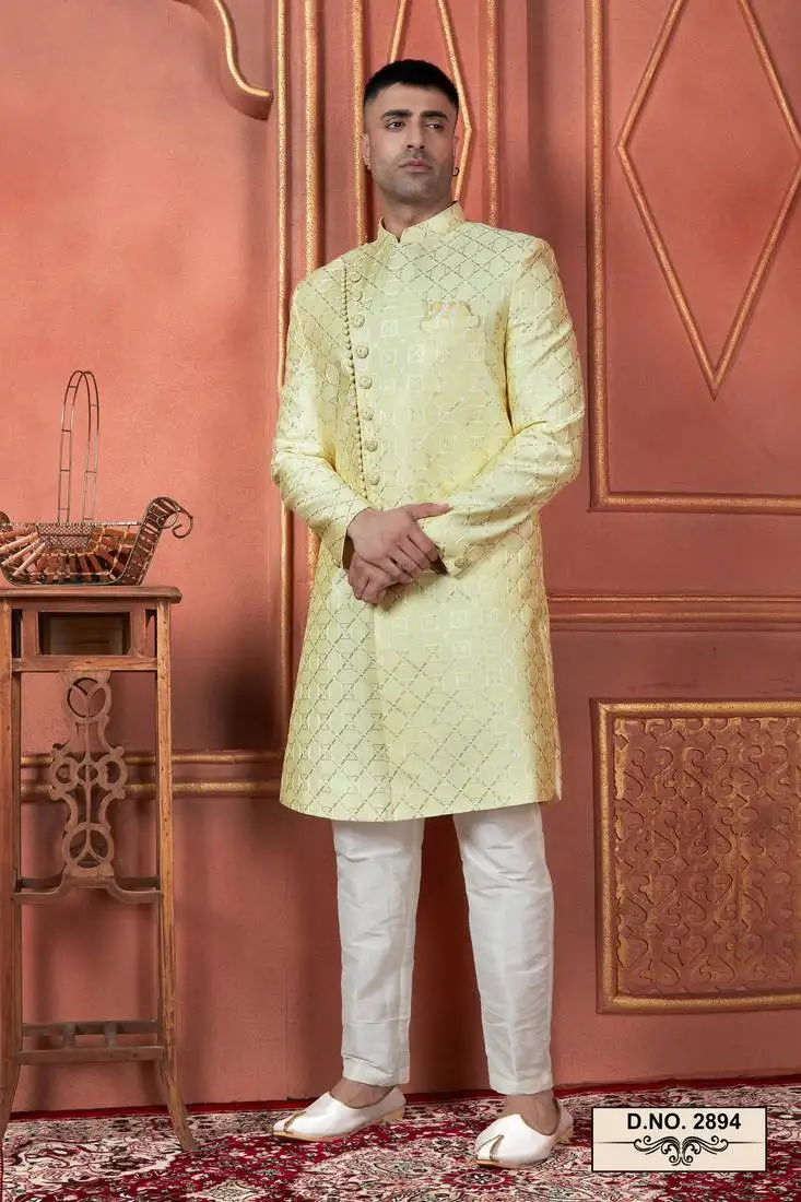 Men yellow computer thread work on art silk sherwani set