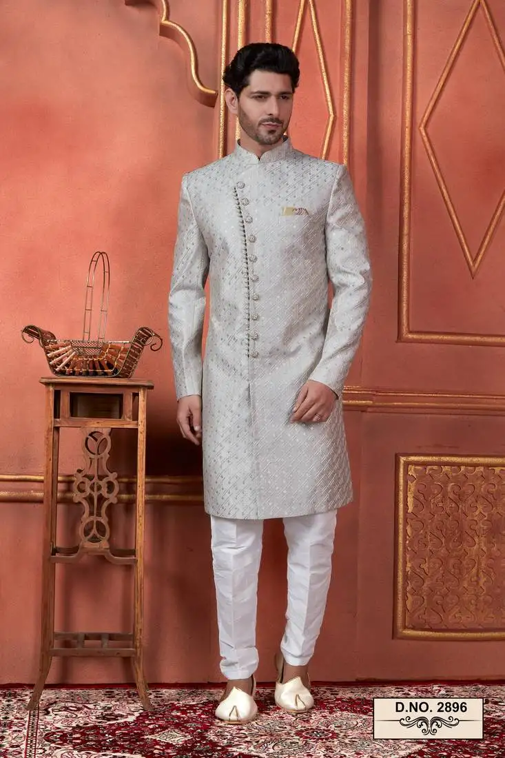 Men grey computer thread work on art silk sherwani set