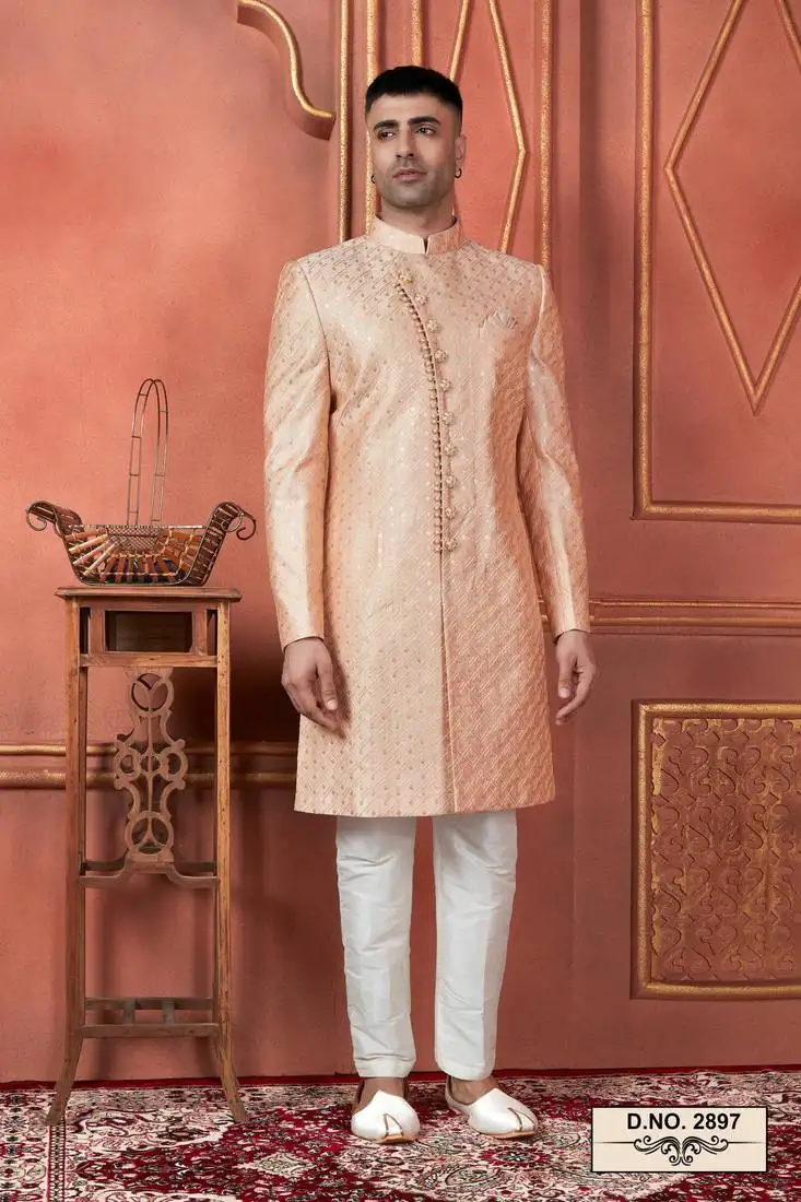 Men orange computer thread work on art silk sherwani set