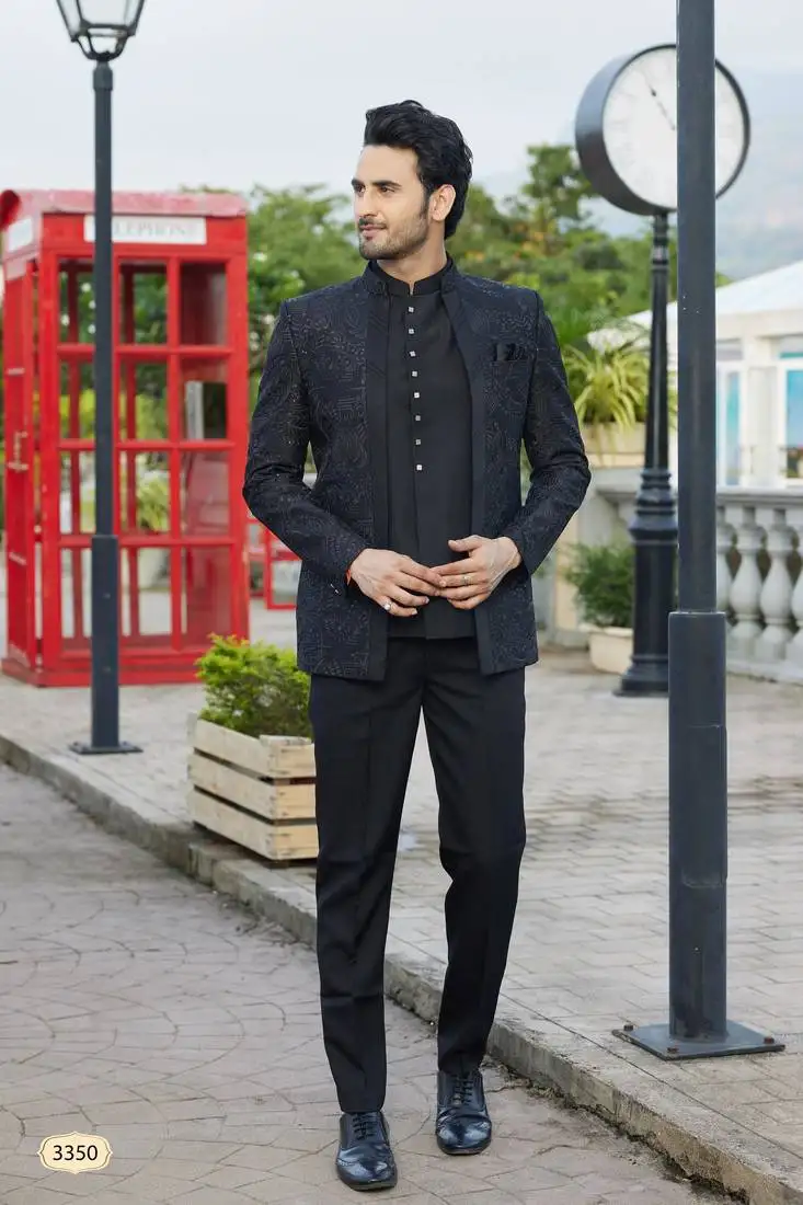 Men black computer thread work on velvet 3 pcs-jacket jodhpuri