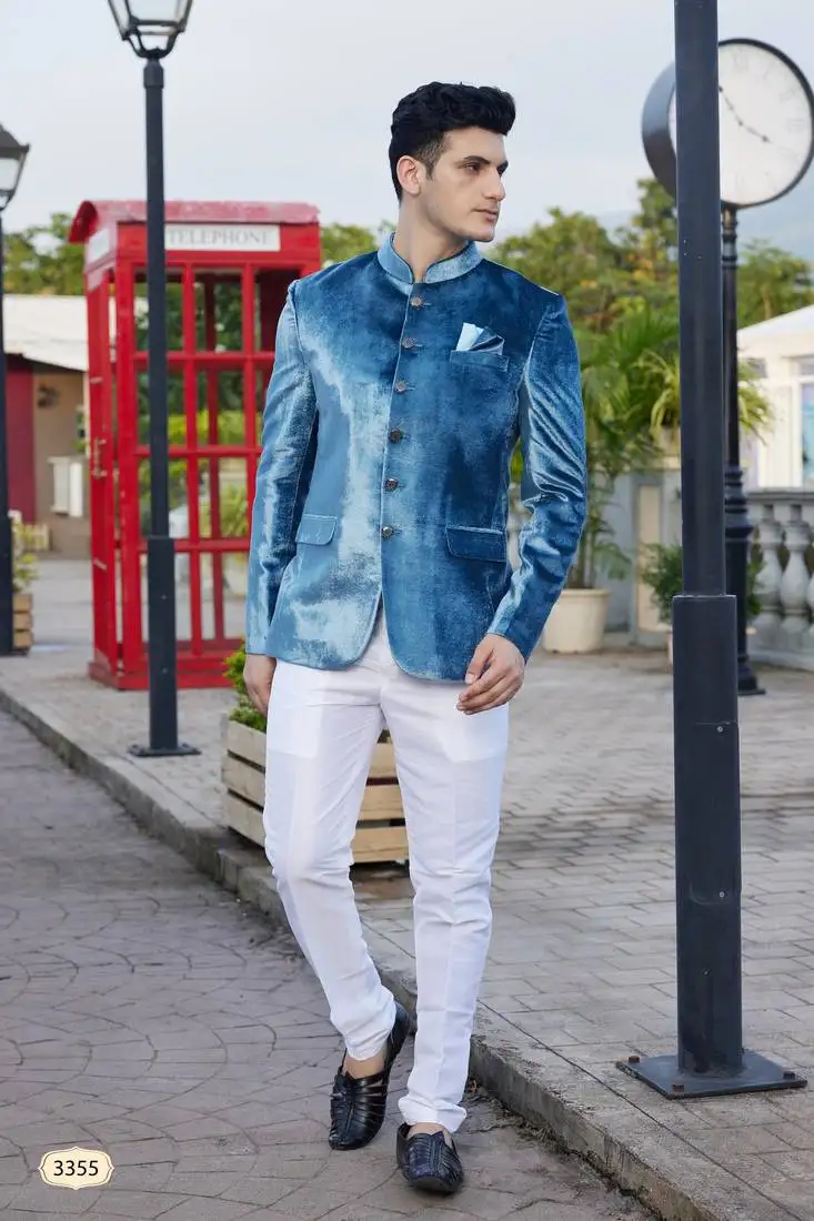 Men teal blue plain velvet jodhpuri
