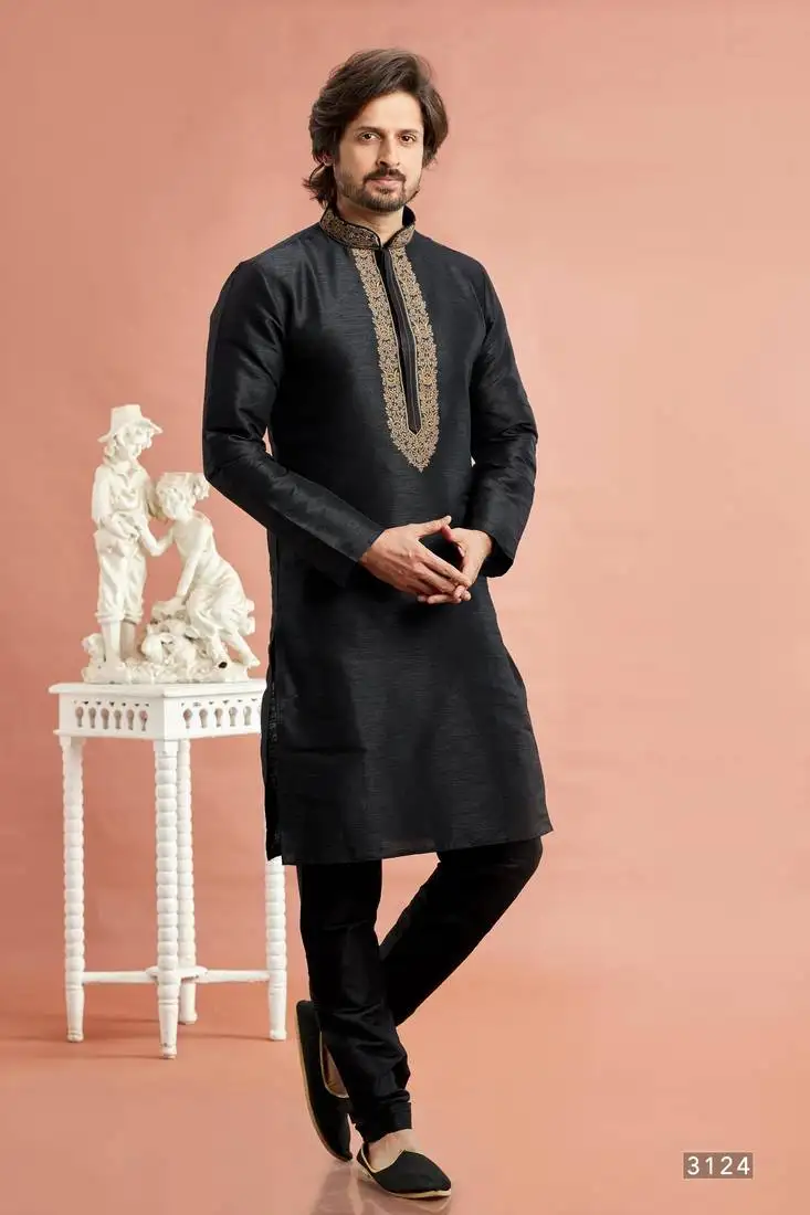 Men black banarasi art silk kurta without lining