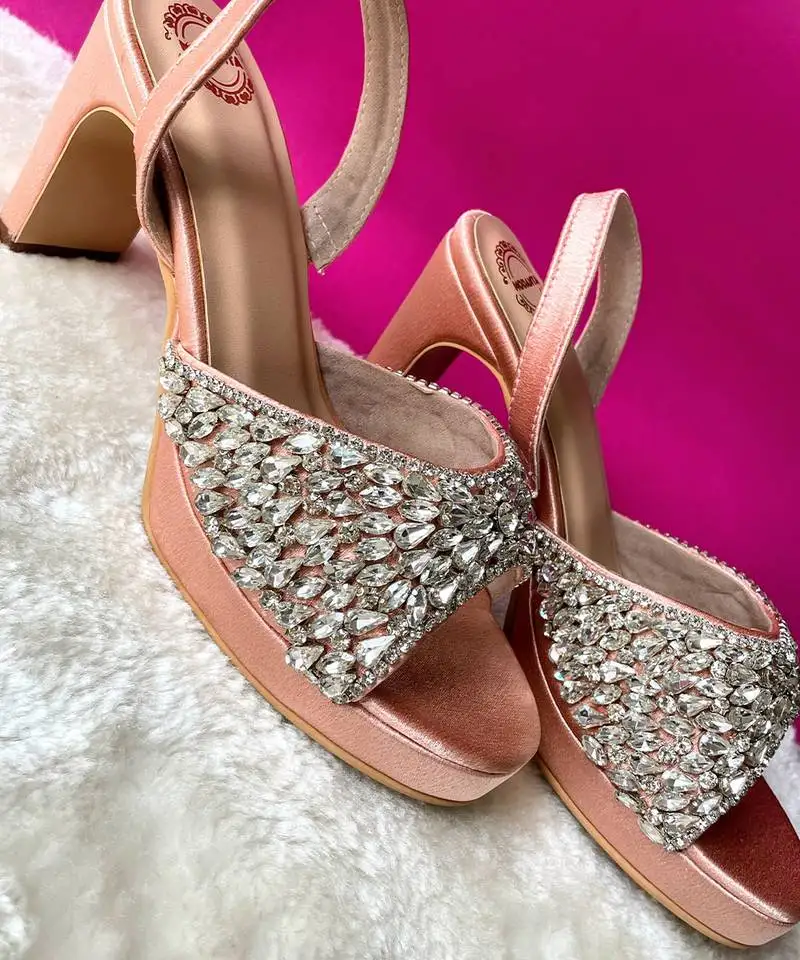 Peach satin diamond heels