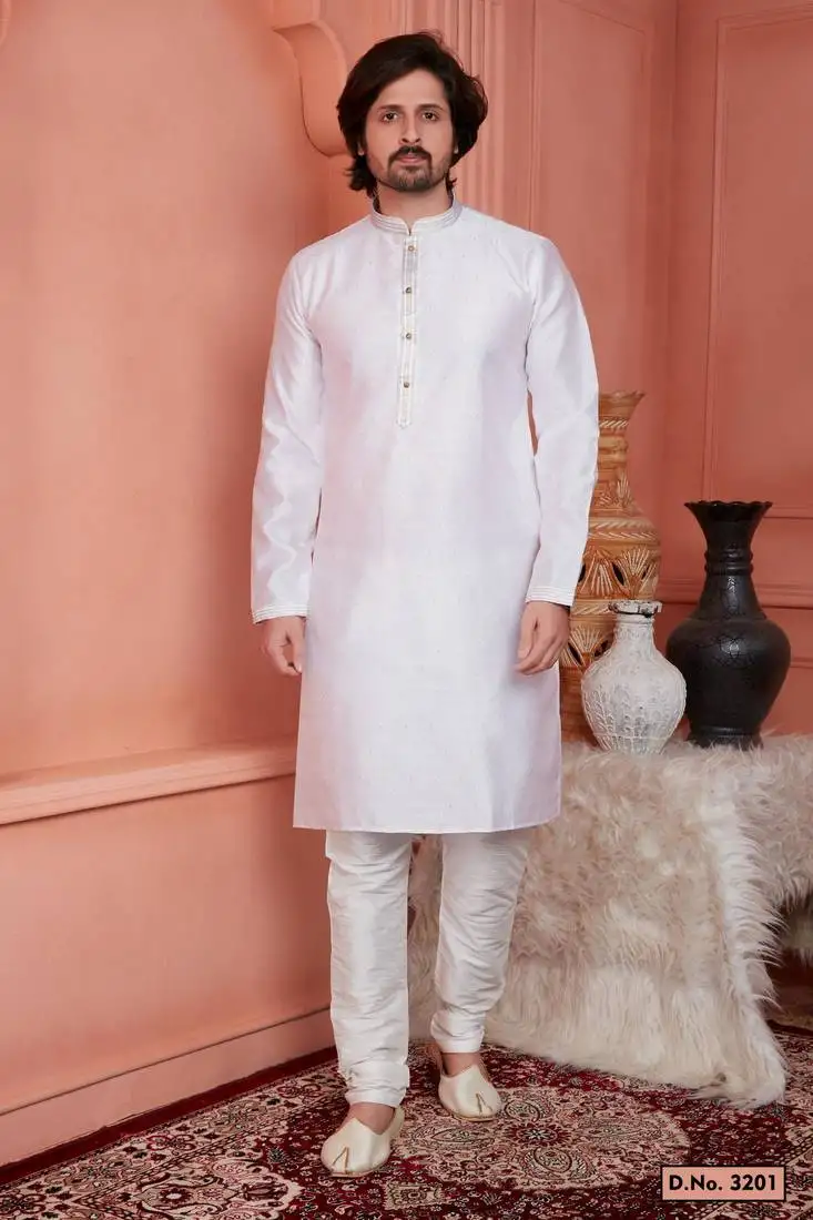 Men pink jacquard silk brocade straight kurta without lining