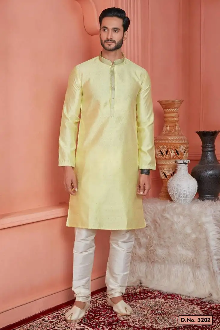 Men yellow jacquard silk brocade straight kurta without lining