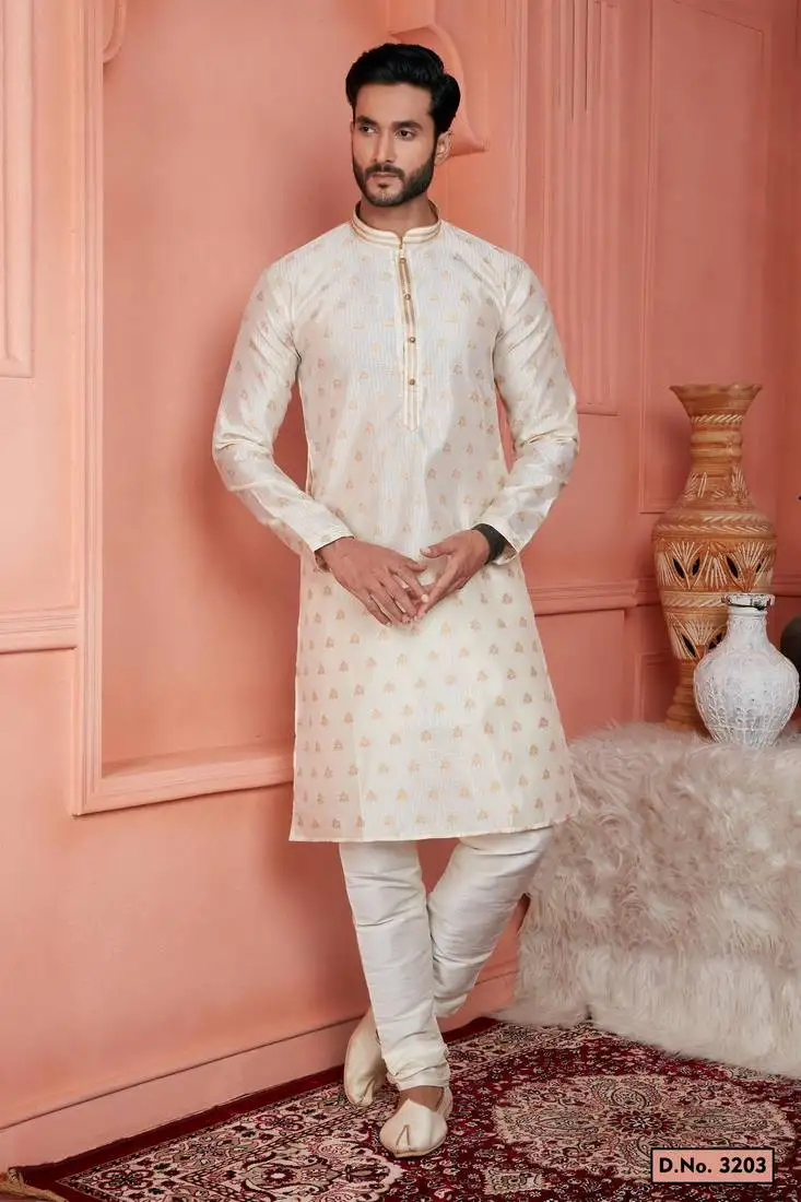 Men cream jacquard silk brocade straight kurta without lining
