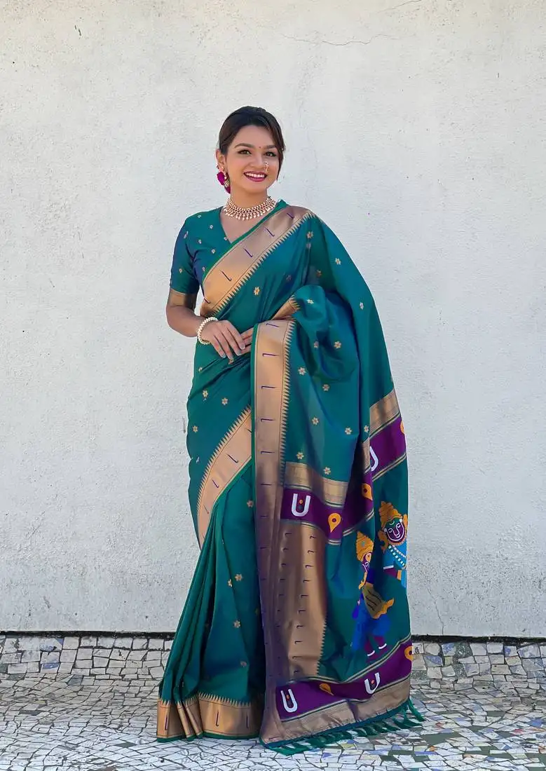 Green zari woven vitthala god paithani silk blend saree