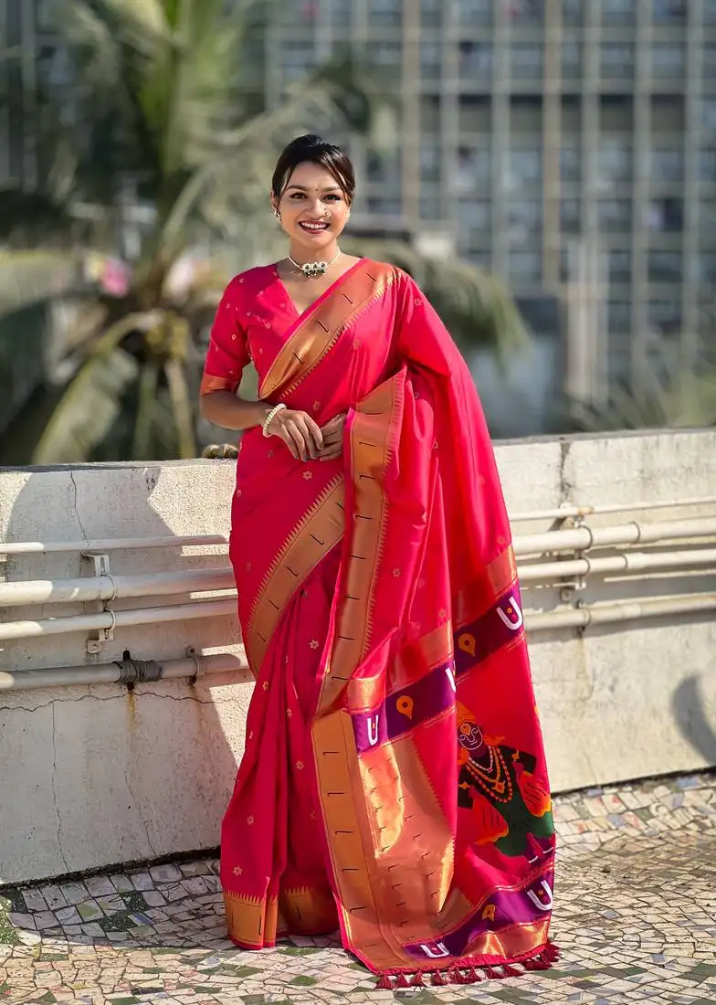 Pink zari woven vitthala god paithani silk blend saree